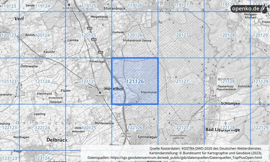 Übersichtskarte des KOSTRA-DWD-2020-Rasterfeldes Nr. 121126