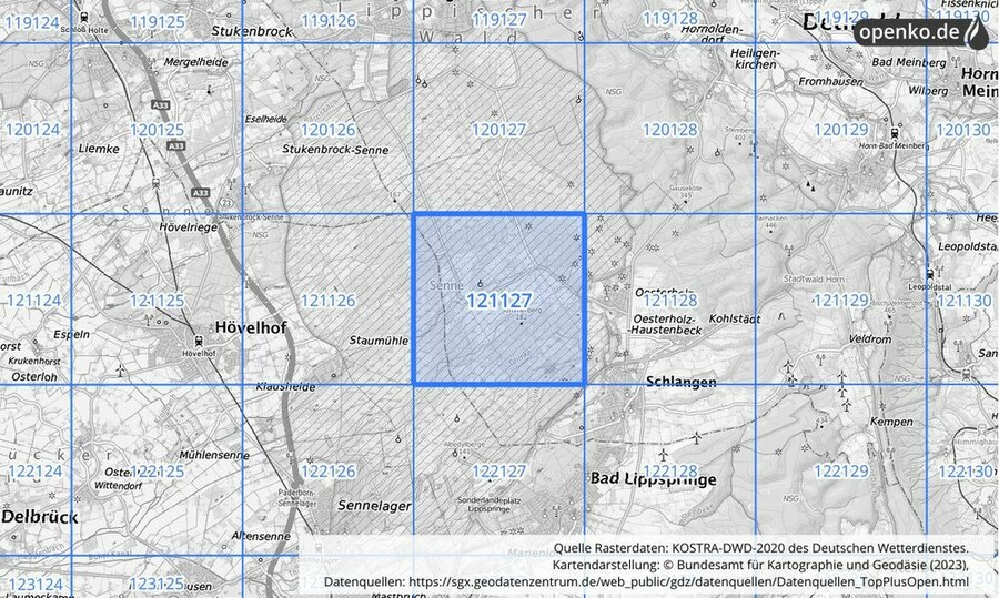 Übersichtskarte des KOSTRA-DWD-2020-Rasterfeldes Nr. 121127