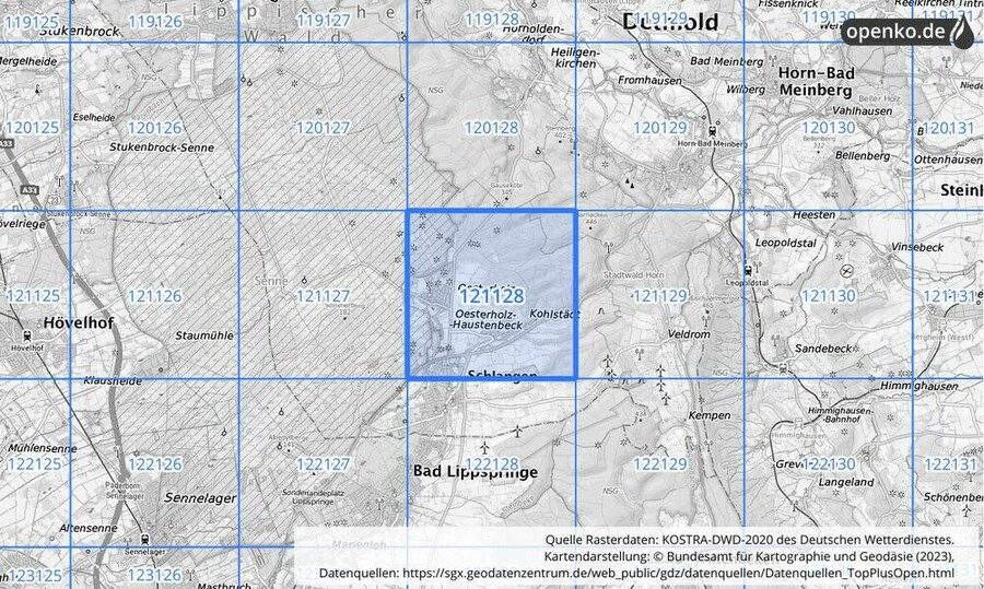 Übersichtskarte des KOSTRA-DWD-2020-Rasterfeldes Nr. 121128