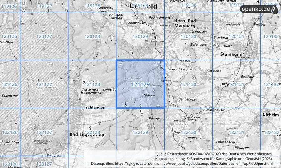 Übersichtskarte des KOSTRA-DWD-2020-Rasterfeldes Nr. 121129