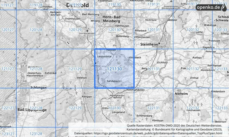 Übersichtskarte des KOSTRA-DWD-2020-Rasterfeldes Nr. 121130