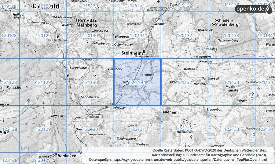 Übersichtskarte des KOSTRA-DWD-2020-Rasterfeldes Nr. 121131