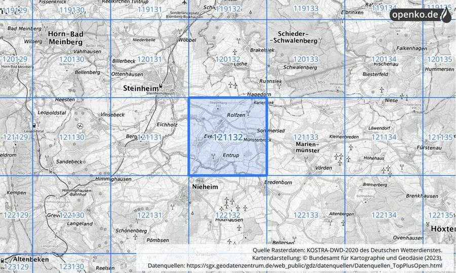 Übersichtskarte des KOSTRA-DWD-2020-Rasterfeldes Nr. 121132