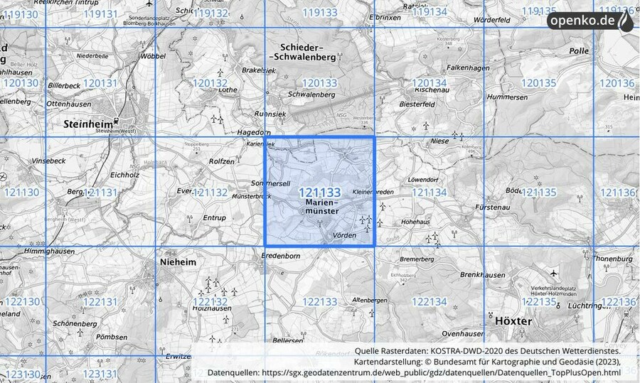 Übersichtskarte des KOSTRA-DWD-2020-Rasterfeldes Nr. 121133