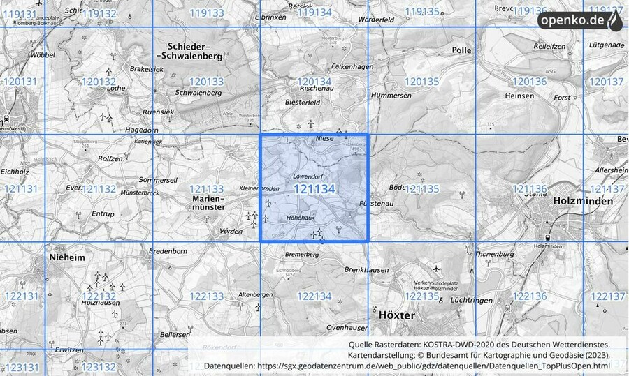 Übersichtskarte des KOSTRA-DWD-2020-Rasterfeldes Nr. 121134