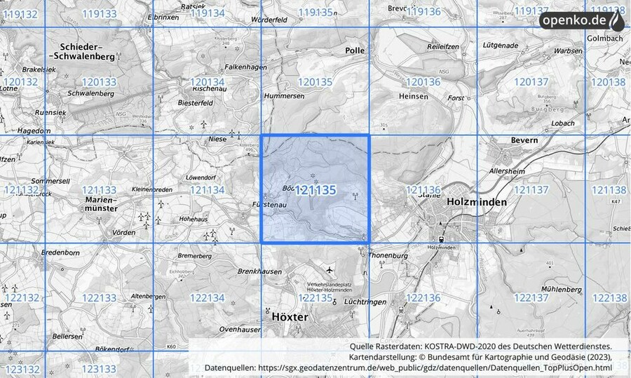 Übersichtskarte des KOSTRA-DWD-2020-Rasterfeldes Nr. 121135