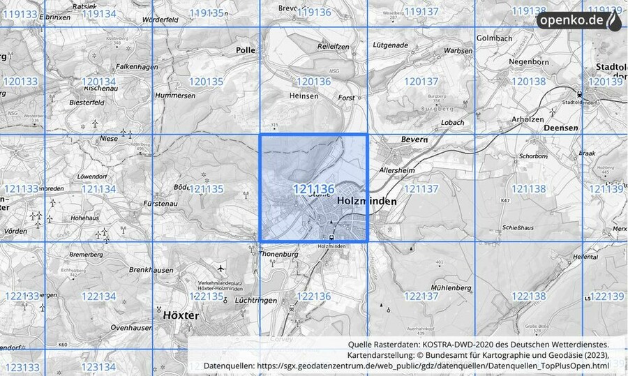 Übersichtskarte des KOSTRA-DWD-2020-Rasterfeldes Nr. 121136