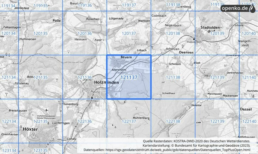 Übersichtskarte des KOSTRA-DWD-2020-Rasterfeldes Nr. 121137