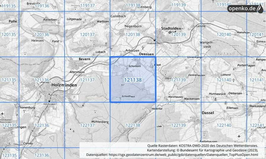 Übersichtskarte des KOSTRA-DWD-2020-Rasterfeldes Nr. 121138