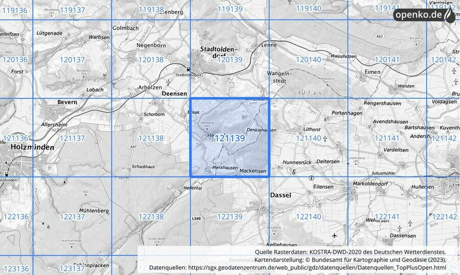 Übersichtskarte des KOSTRA-DWD-2020-Rasterfeldes Nr. 121139