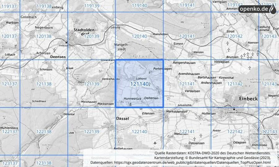 Übersichtskarte des KOSTRA-DWD-2020-Rasterfeldes Nr. 121140