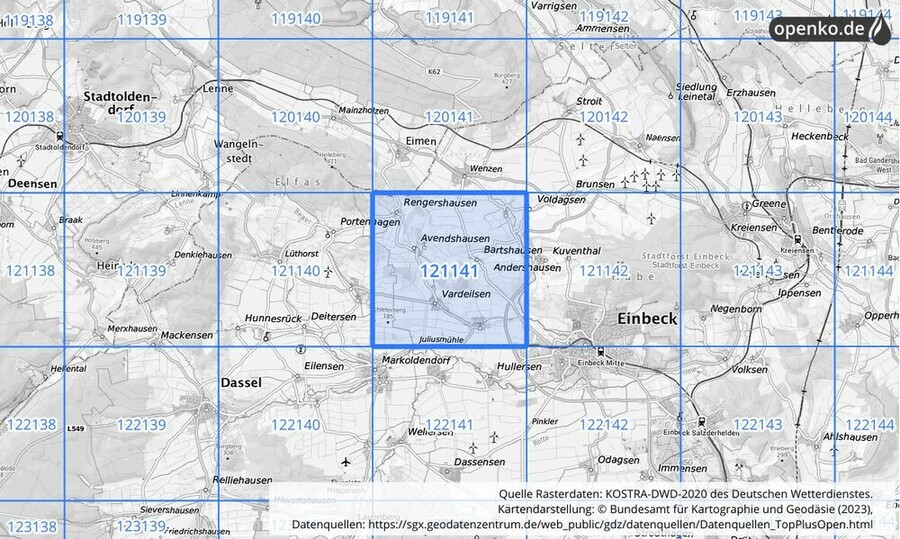 Übersichtskarte des KOSTRA-DWD-2020-Rasterfeldes Nr. 121141