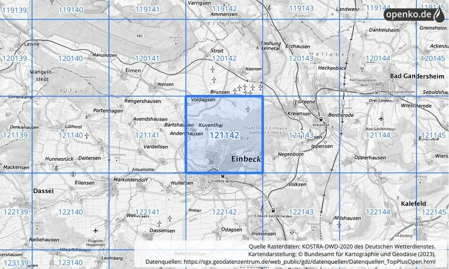 Übersichtskarte des KOSTRA-DWD-2020-Rasterfeldes Nr. 121142