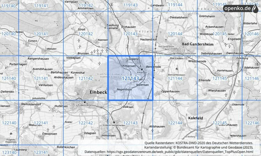 Übersichtskarte des KOSTRA-DWD-2020-Rasterfeldes Nr. 121143