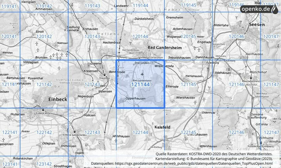 Übersichtskarte des KOSTRA-DWD-2020-Rasterfeldes Nr. 121144