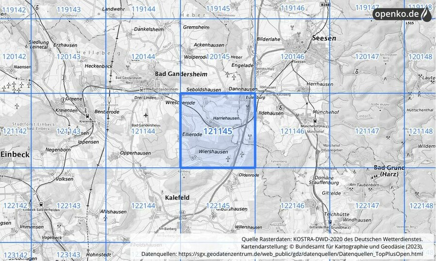 Übersichtskarte des KOSTRA-DWD-2020-Rasterfeldes Nr. 121145