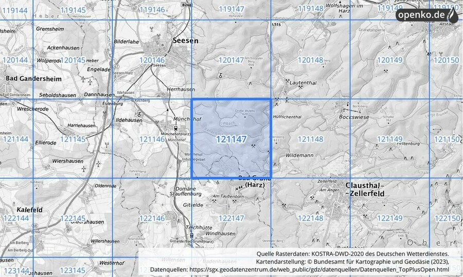 Übersichtskarte des KOSTRA-DWD-2020-Rasterfeldes Nr. 121147