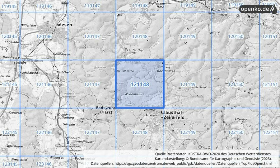 Übersichtskarte des KOSTRA-DWD-2020-Rasterfeldes Nr. 121148