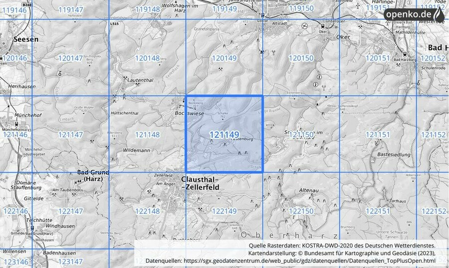 Übersichtskarte des KOSTRA-DWD-2020-Rasterfeldes Nr. 121149