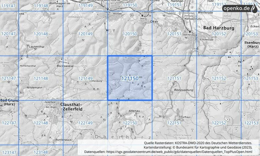 Übersichtskarte des KOSTRA-DWD-2020-Rasterfeldes Nr. 121150