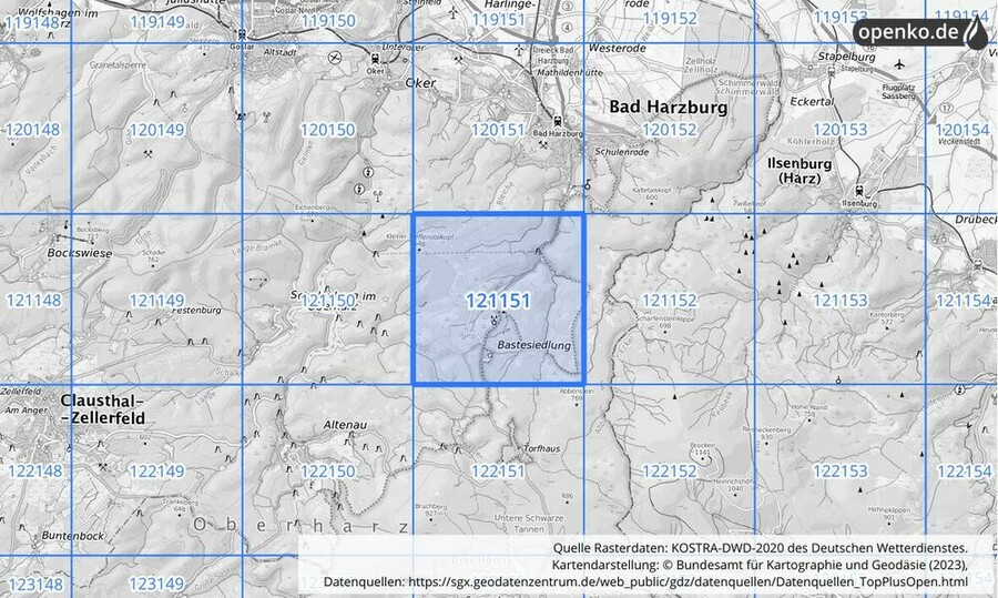 Übersichtskarte des KOSTRA-DWD-2020-Rasterfeldes Nr. 121151