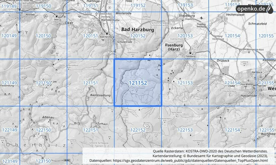 Übersichtskarte des KOSTRA-DWD-2020-Rasterfeldes Nr. 121152