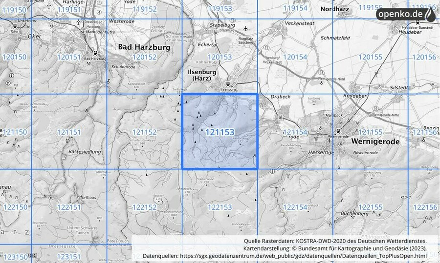 Übersichtskarte des KOSTRA-DWD-2020-Rasterfeldes Nr. 121153