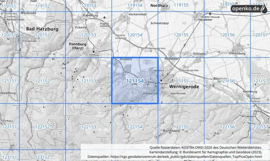 Übersichtskarte des KOSTRA-DWD-2020-Rasterfeldes Nr. 121154