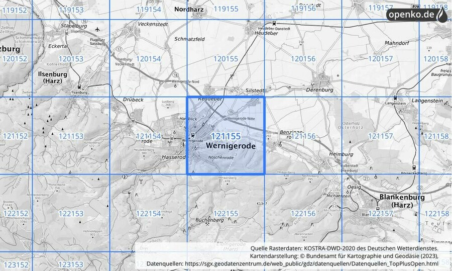 Übersichtskarte des KOSTRA-DWD-2020-Rasterfeldes Nr. 121155