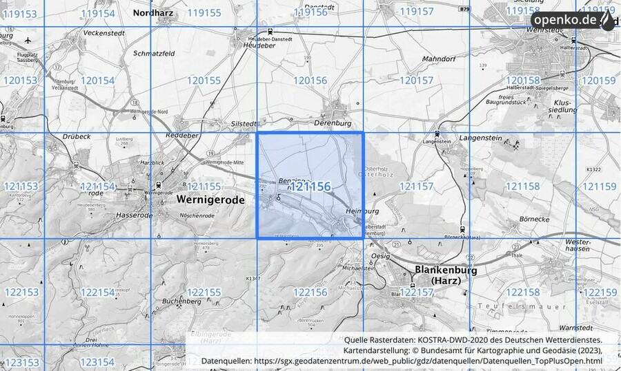 Übersichtskarte des KOSTRA-DWD-2020-Rasterfeldes Nr. 121156