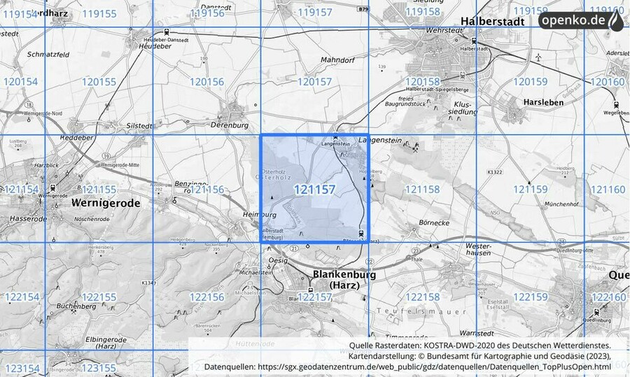 Übersichtskarte des KOSTRA-DWD-2020-Rasterfeldes Nr. 121157