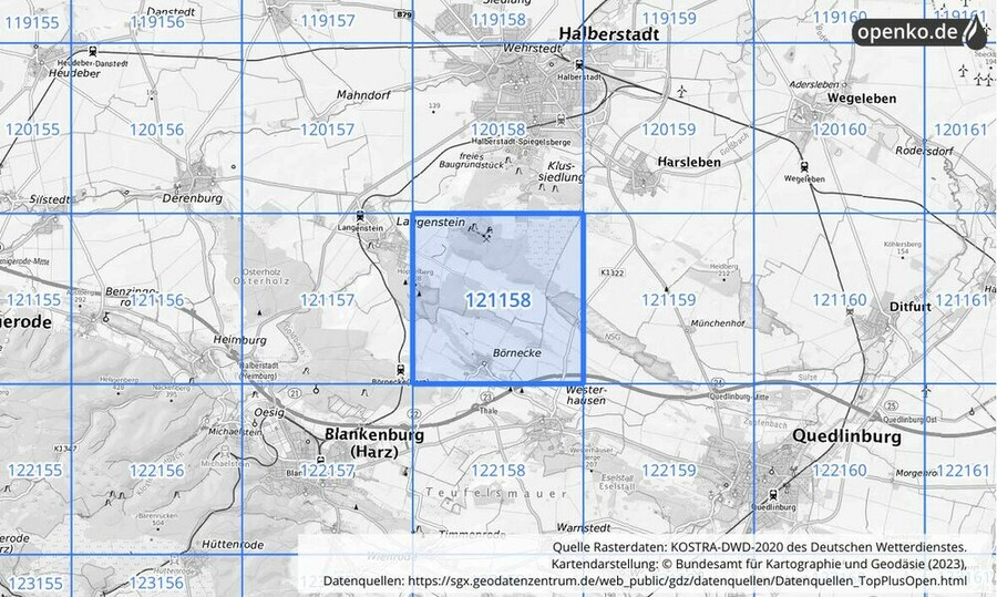 Übersichtskarte des KOSTRA-DWD-2020-Rasterfeldes Nr. 121158