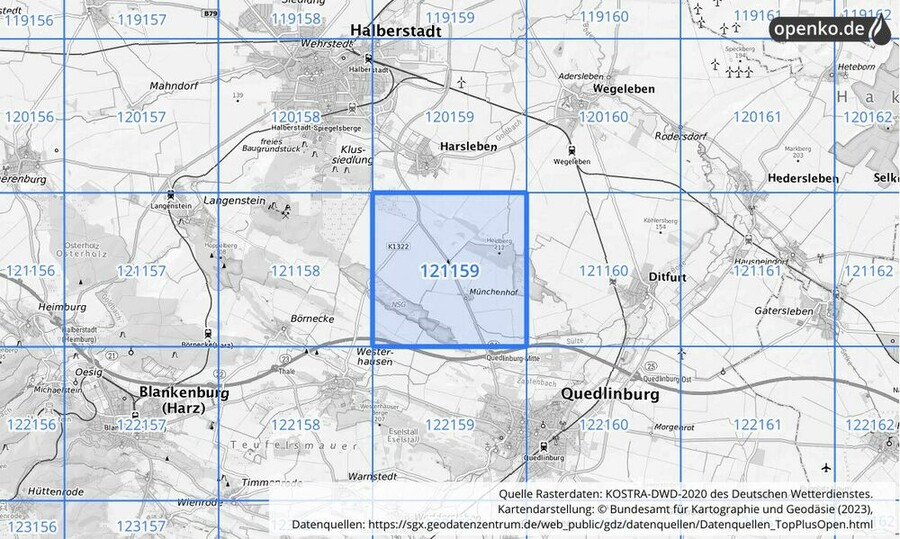 Übersichtskarte des KOSTRA-DWD-2020-Rasterfeldes Nr. 121159