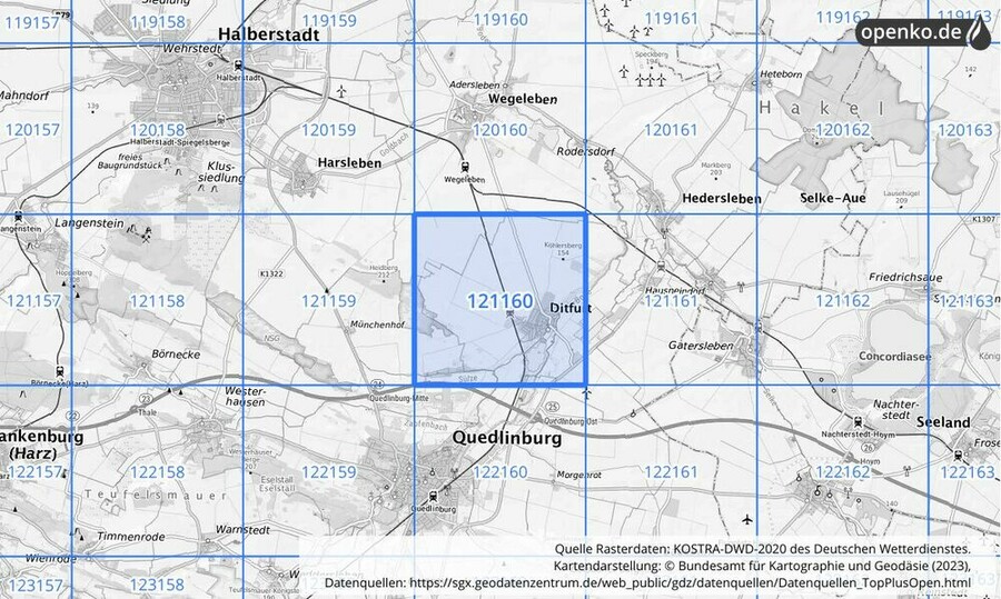 Übersichtskarte des KOSTRA-DWD-2020-Rasterfeldes Nr. 121160