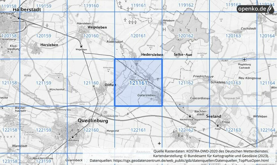 Übersichtskarte des KOSTRA-DWD-2020-Rasterfeldes Nr. 121161