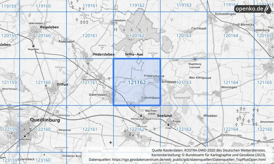 Übersichtskarte des KOSTRA-DWD-2020-Rasterfeldes Nr. 121162