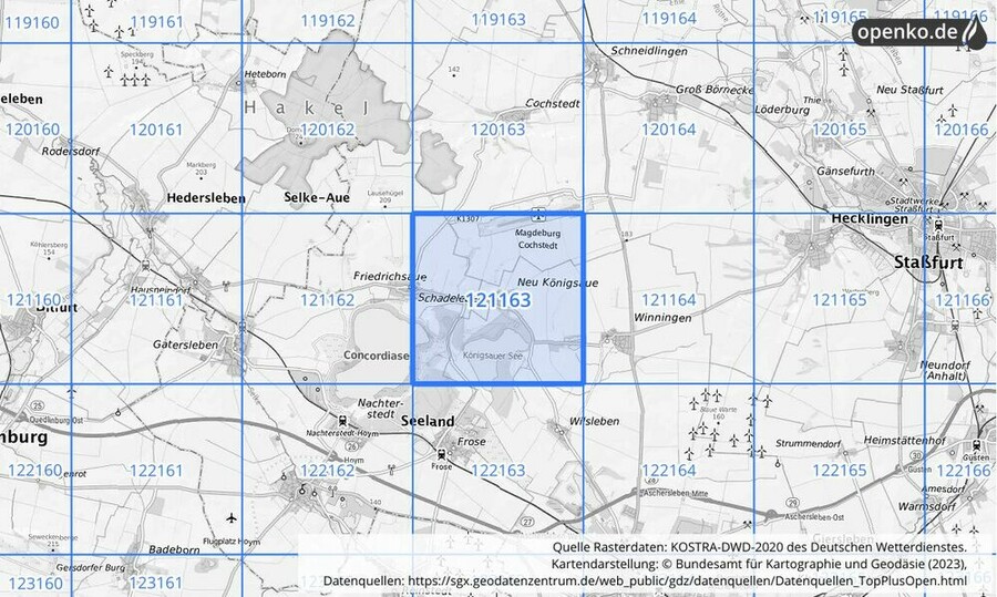 Übersichtskarte des KOSTRA-DWD-2020-Rasterfeldes Nr. 121163