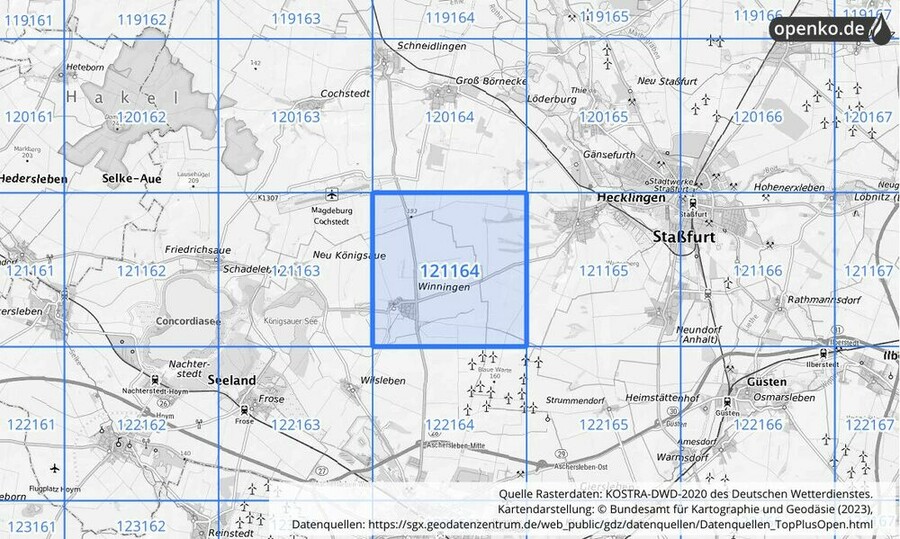 Übersichtskarte des KOSTRA-DWD-2020-Rasterfeldes Nr. 121164