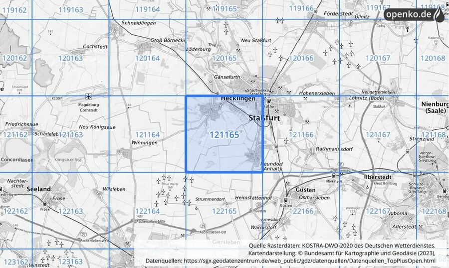 Übersichtskarte des KOSTRA-DWD-2020-Rasterfeldes Nr. 121165