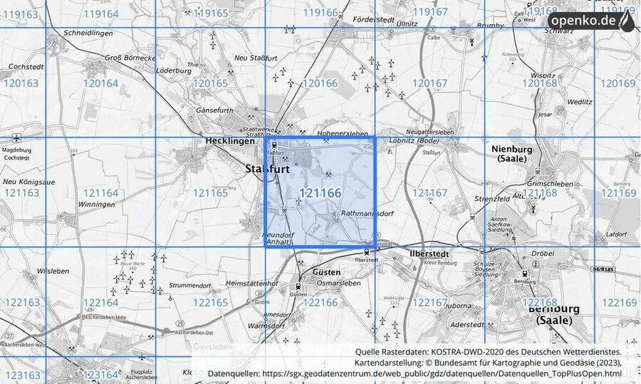 Übersichtskarte des KOSTRA-DWD-2020-Rasterfeldes Nr. 121166