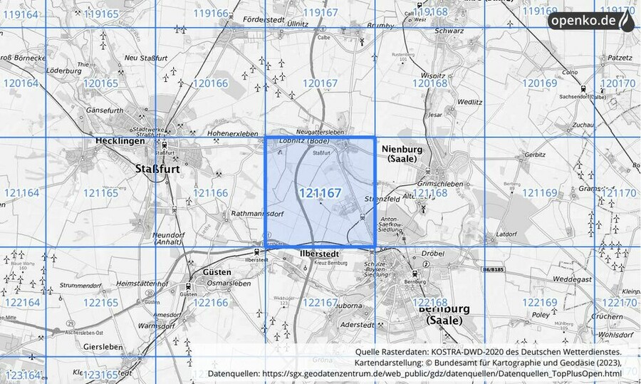 Übersichtskarte des KOSTRA-DWD-2020-Rasterfeldes Nr. 121167