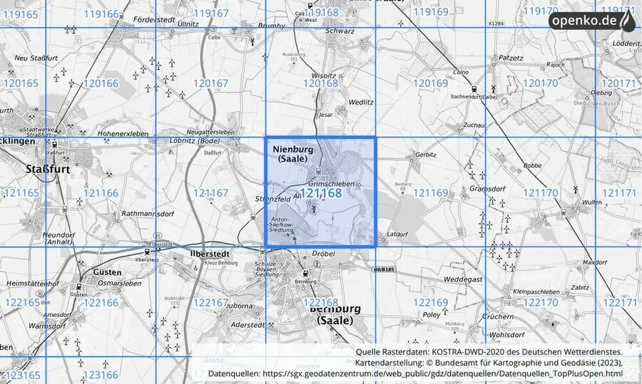 Übersichtskarte des KOSTRA-DWD-2020-Rasterfeldes Nr. 121168