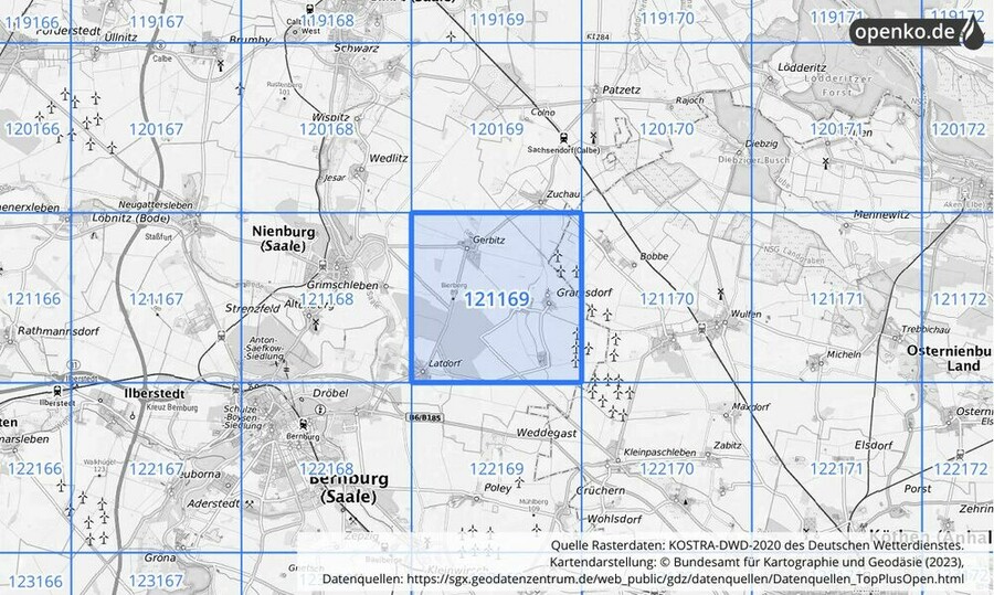 Übersichtskarte des KOSTRA-DWD-2020-Rasterfeldes Nr. 121169