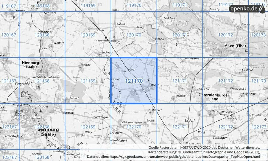 Übersichtskarte des KOSTRA-DWD-2020-Rasterfeldes Nr. 121170