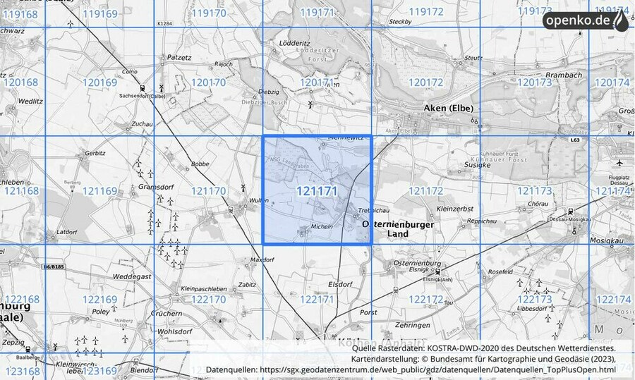 Übersichtskarte des KOSTRA-DWD-2020-Rasterfeldes Nr. 121171