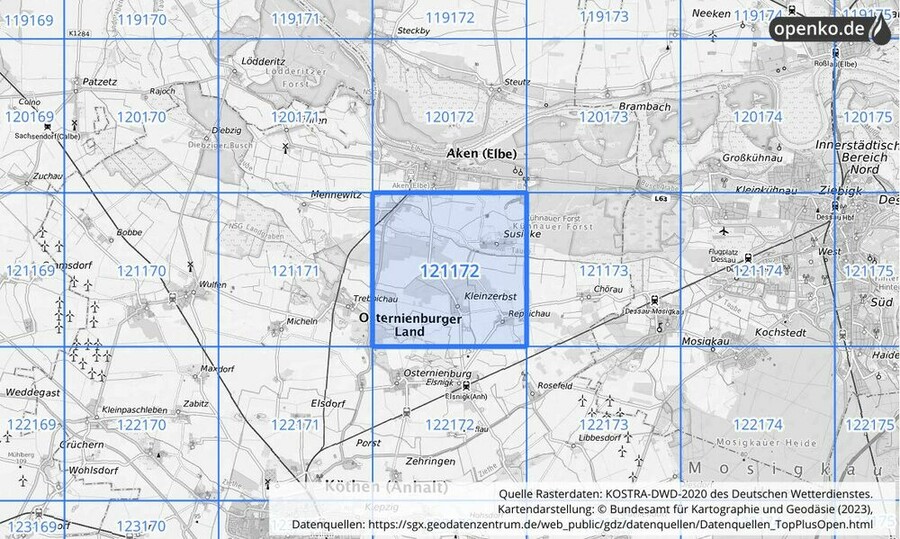 Übersichtskarte des KOSTRA-DWD-2020-Rasterfeldes Nr. 121172