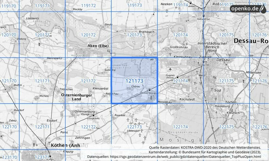 Übersichtskarte des KOSTRA-DWD-2020-Rasterfeldes Nr. 121173