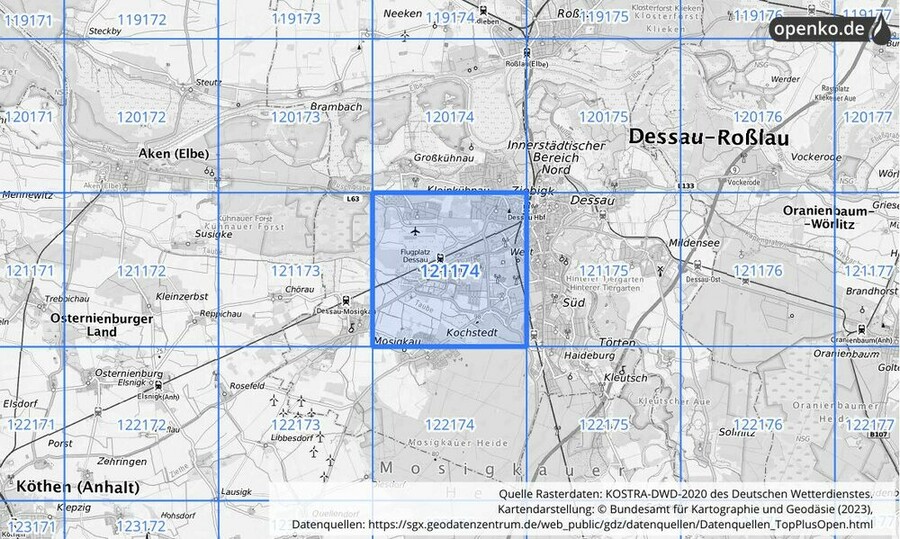 Übersichtskarte des KOSTRA-DWD-2020-Rasterfeldes Nr. 121174