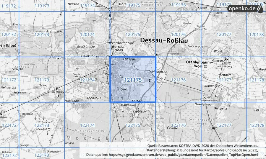 Übersichtskarte des KOSTRA-DWD-2020-Rasterfeldes Nr. 121175