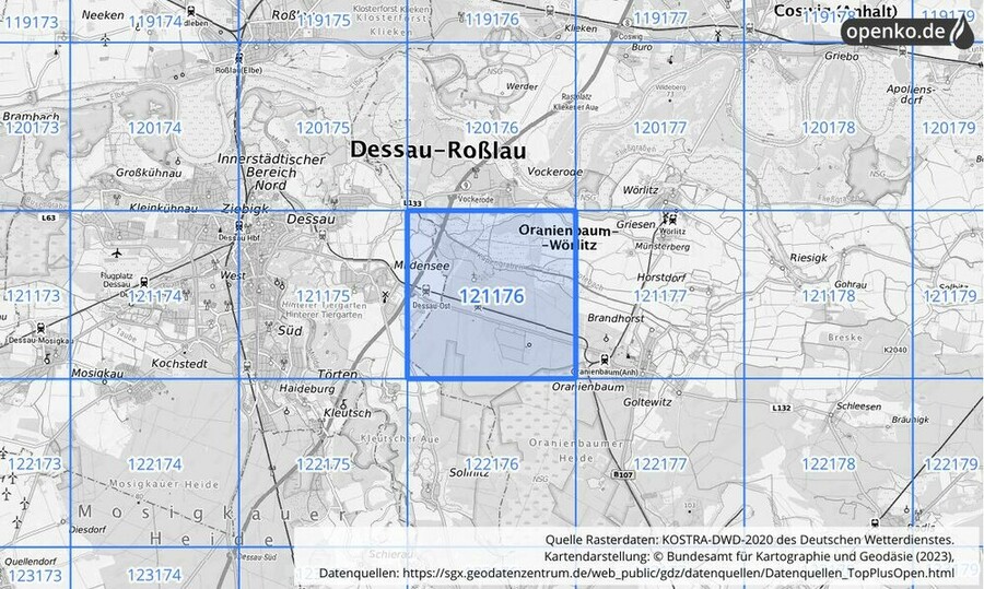 Übersichtskarte des KOSTRA-DWD-2020-Rasterfeldes Nr. 121176